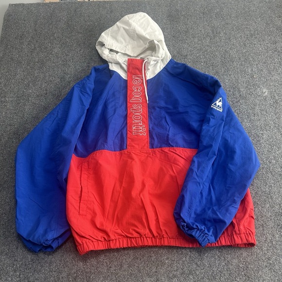 Vtg Le Coq Sportif Windbreaker Red Blue White 1/4 Zip Hooded Large